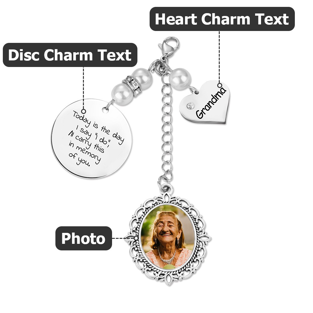 Customized Lace Oval Photo Bouquet Charm for Bridal Memorial Bouquet, With Heart Engraved Pendant, Memorial Wedding Gift for Bride