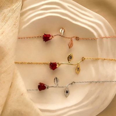 Custom Initial Rose Bracelet, Sterling Silver 925 Flower Bracelet, Women's Christmas Jewelry, Anniversary/Christmas Gift for Mom/Girlfriend/Bridesmaid