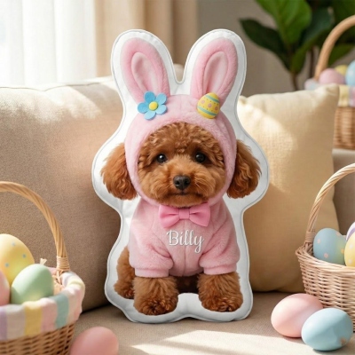 Custom Pet Photo Bunny Ears Egg Easter Pillow with Name, Cute Cat/Dog Portrait Cushion, Spring Basket Favor, Easter Gift for Pet Lovers/Owners/Family