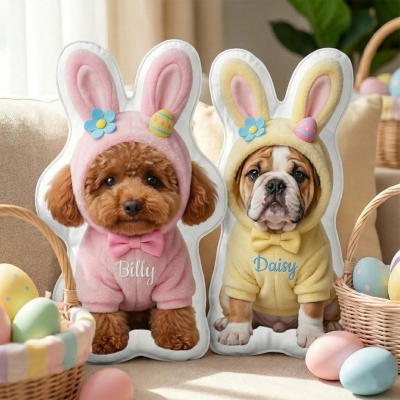 Custom Pet Photo Bunny Ears Egg Easter Pillow with Name, Cute Cat/Dog Portrait Cushion, Spring Basket Favor, Easter Gift for Pet Lovers/Owners/Family