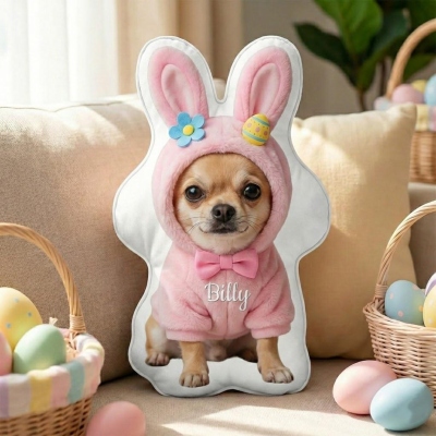 Custom Pet Photo Bunny Ears Egg Easter Pillow with Name, Cute Cat/Dog Portrait Cushion, Spring Basket Favor, Easter Gift for Pet Lovers/Owners/Family