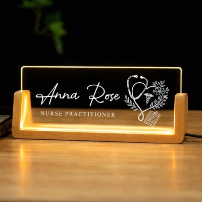 Custom Illuminated Nurse Desk Name Plate, Medical Office LED Light Name Sign with Wooden Base, Appreciation/Graduation Gift for Nurses/Medical Staff
