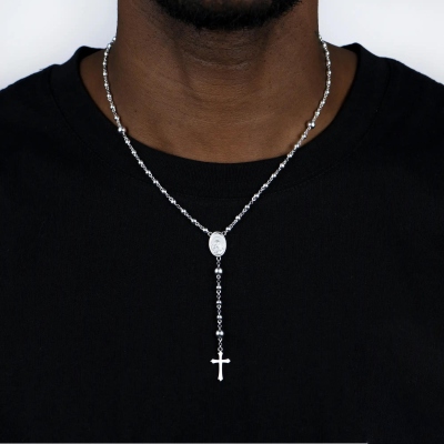 Personligt Jungfru Maria Rosenkranshalsband med Kors, Sterling Silver 925 Andliga Religiösa Smycken, Dop/Första Kommunion Gåva till Honom/Hennen