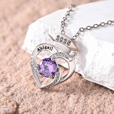 Custom Name & Year Graduation Cap Heart Necklace with Birthstone, Sterling Silver 925 Graduation Jewelry, Graduation Gift for Graduates/Family/Friends