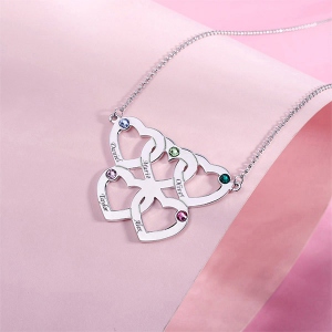 Engraved Five Hearts Necklace With Birthstones Sterling Silver