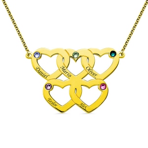 Engraved Five Hearts Necklace With Birthstones In Gold