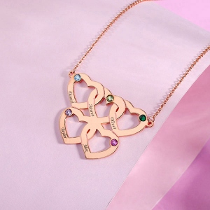 Engraved Five Hearts Necklace With Birthstones In Rose Gold