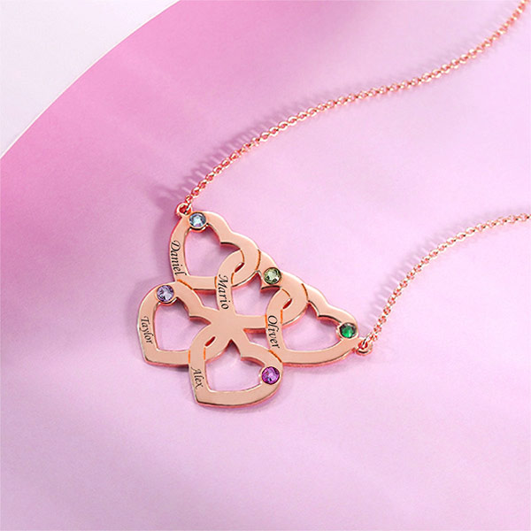 Engraved Five Hearts Necklace With Birthstones In Rose Gold
