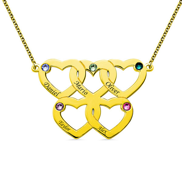 Engraved Five Hearts Necklace With Birthstones In Gold