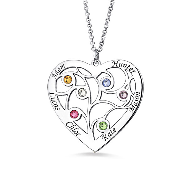 Sterling Silver Heart Family Tree Necklace Engraved with Name& Birthstones