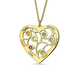 Gold Plated Silver Heart Family Tree Necklace Engraved with Name& Birthstones