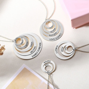 Engraved Family Stacked Circles Sterling Silver Necklace