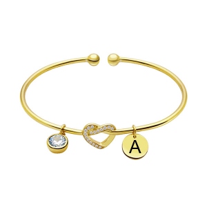 Engraved Heart Bangle with Birthstone in Gold