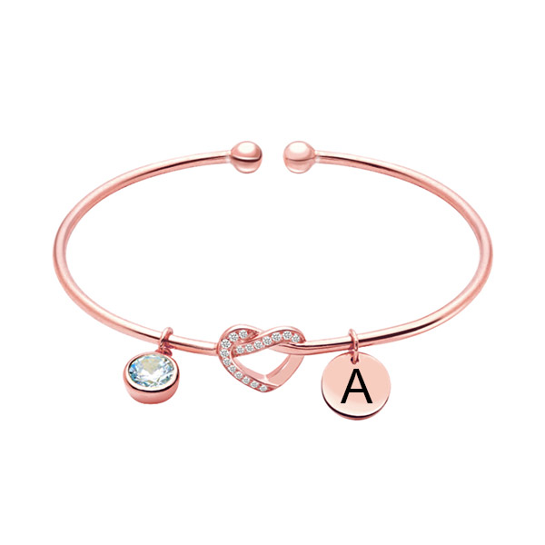 Engraved Heart Bangle with Birthstone in Rose Gold