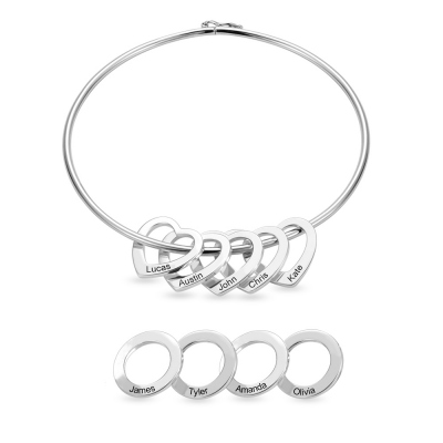 Personalized 1- 10 Heart/Round Name Bangle Bracelets