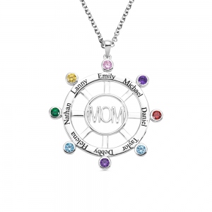 Personalized Steering Wheel Name & Birthstone Necklace in Silver Mom Necklace