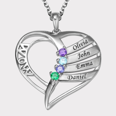 Personalized 4 Names and 4 Birthstones Family Necklace for Mother