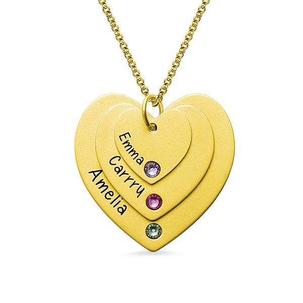 9CT ROSE GOLD PLATED PERSONALISED TRIPLE HEART PENDANT MOTHERS FAMILY NECKLACE 