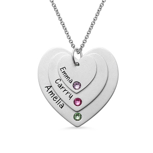 Triple Heart Name Necklace With Birthstones Sterling Silver