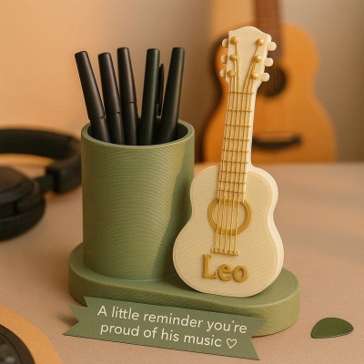 Personalized Name Favorite Guitarist Pen Holder, Desk Organizer with Message Plaque, Graduation/Birthday Gift for Guitar Players/Music Lovers/Teachers