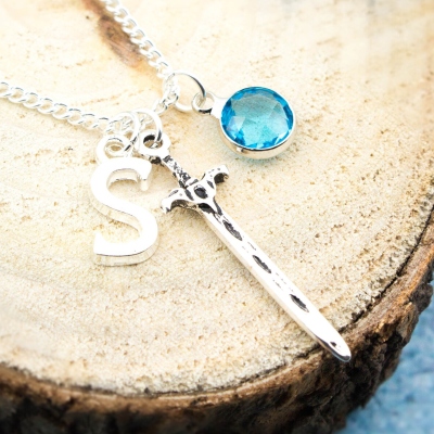 Custom Initial & Birthstone Sword-Shaped Pendant Necklace, Sterling Silver 925 Fantasy Jewelry, Gift for Romantasy Book Lovers/Tabletop Gamers/Her