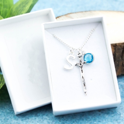 Custom Initial & Birthstone Sword-Shaped Pendant Necklace, Sterling Silver 925 Fantasy Jewelry, Gift for Romantasy Book Lovers/Tabletop Gamers/Her