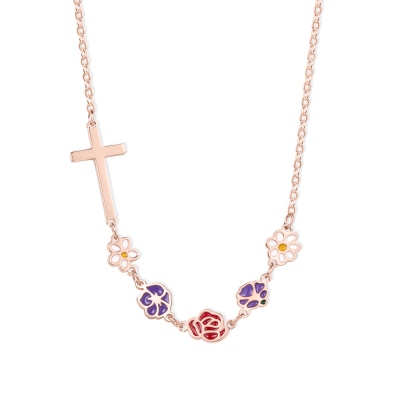 Custom Sideway Cross Necklace with Multiple Birth Flowers, Floral Enamel Family Christian Jewelry, Christmas/Mother's Day Gift for Mom/Grandma/Her