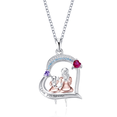 Custom Engraved Mother & Daughter Heart Necklace with Two Birthstones, Sterling Silver 925 Women's Jewelry, Birthday/Mother's Day Gift for Mom/Grandma