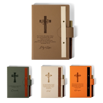 Personalized Cross Birth Flowers Prayer Leather Notebook with Wooden Pen, Church Notebook for Bible Study, Gratitude Journal, Gift for Christian Women