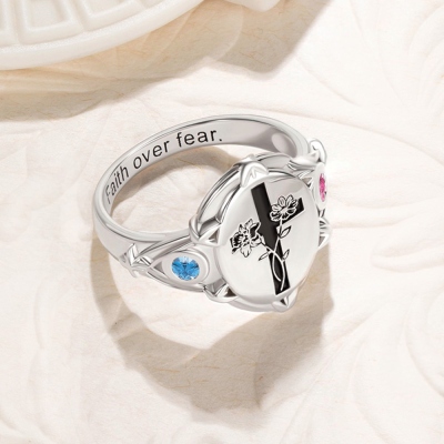 Personalized Engraved Cross Signet Ring with Two Birth Flowers & Birthstones, Sterling Silver 925 Cross Faith Jewelry, Easter/Christian Gift for Women