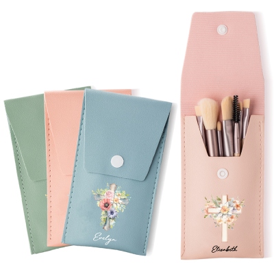 Custom Name Cross Birth Flowers Makeup Brush Bag Set, PU Leather Cosmetic Pouch with 8PCS Brushes, Bridal Party Favor, Easter/Christian Gift for Women