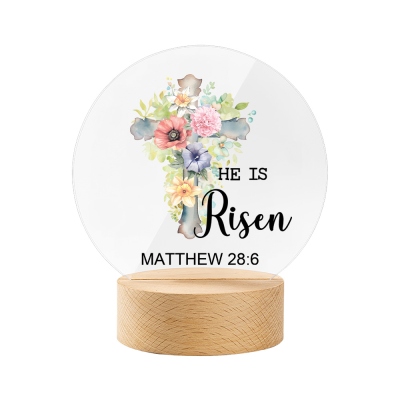 Personalized He Is Risen Bible Verse Night Light with Cross and Birth Flower, Easter Bedroom/Home Decor, Birthday/Easter Gift for Grandma/Mom/Kids