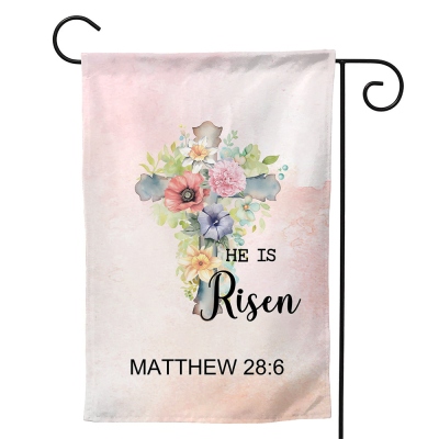 Personalized He Is Risen Bible Verse Garden Flag with Cross and Birth Flower, Outdoor Yard Decor, Religious/Easter/Holiday Gift for Christian Family