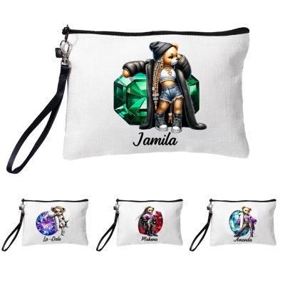 Personalized Hip-Hop Girl Teddy Bear Cosmetic Bag with Name & Birthstone, Linen Makeup Pouch with Wrist Strap, Gift for Black Queens/Hip-Hop Lovers