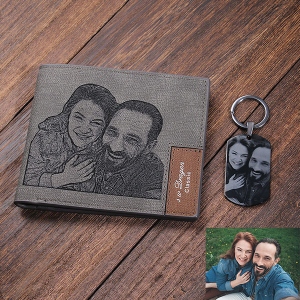Personalized Engraved Photo Leather Wallet and Photo Keychain Set