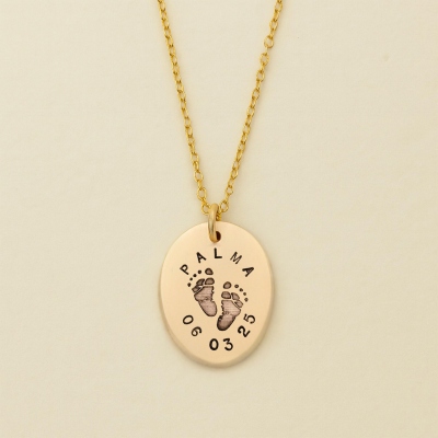 Custom Oval Footprint Necklace with Name and Birthdate, Newborn Baby Birth Keepsake, Baby Keepsake Jewelry,  Christmas/Mother's Day Gift for Newborn