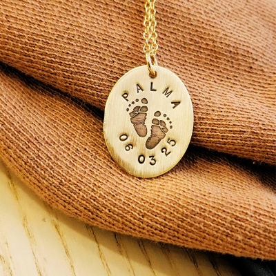 Custom Oval Footprint Necklace with Name and Birthdate, Newborn Baby Birth Keepsake, Baby Keepsake Jewelry,  Christmas/Mother's Day Gift for Newborn