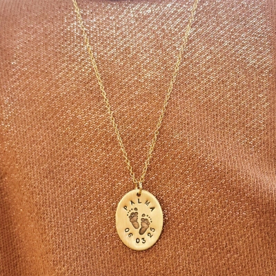 Custom Oval Footprint Necklace with Name and Birthdate, Newborn Baby Birth Keepsake, Baby Keepsake Jewelry,  Christmas/Mother's Day Gift for Newborn