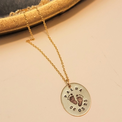 Custom Oval Footprint Necklace with Name and Birthdate, Newborn Baby Birth Keepsake, Baby Keepsake Jewelry,  Christmas/Mother's Day Gift for Newborn