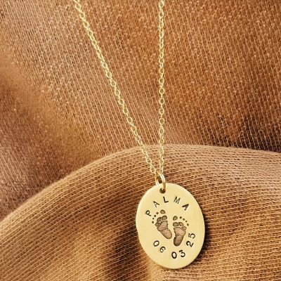 Custom Oval Footprint Necklace with Name and Birthdate, Newborn Baby Birth Keepsake, Baby Keepsake Jewelry,  Christmas/Mother's Day Gift for Newborn