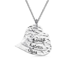 Engraved Hammered Family Heart Necklace Pure Silver