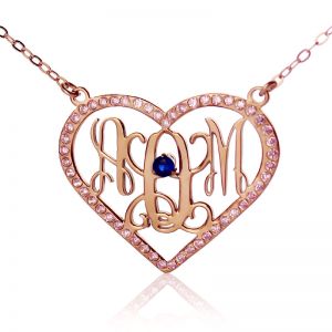 Rose Gold Heart Birthstone Monogram 3 Initial Necklace
