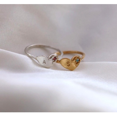 Personalized Initial & Birthstone Horseshoe Heart Ring, Sterling Silver 925 Dainty Lucky Jewelry, Christmas/Birthday Gift for Her/Wife/Horse Lovers