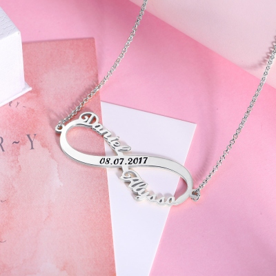 Special Date Two Names Infinity Necklace Annniversary Gift For Her