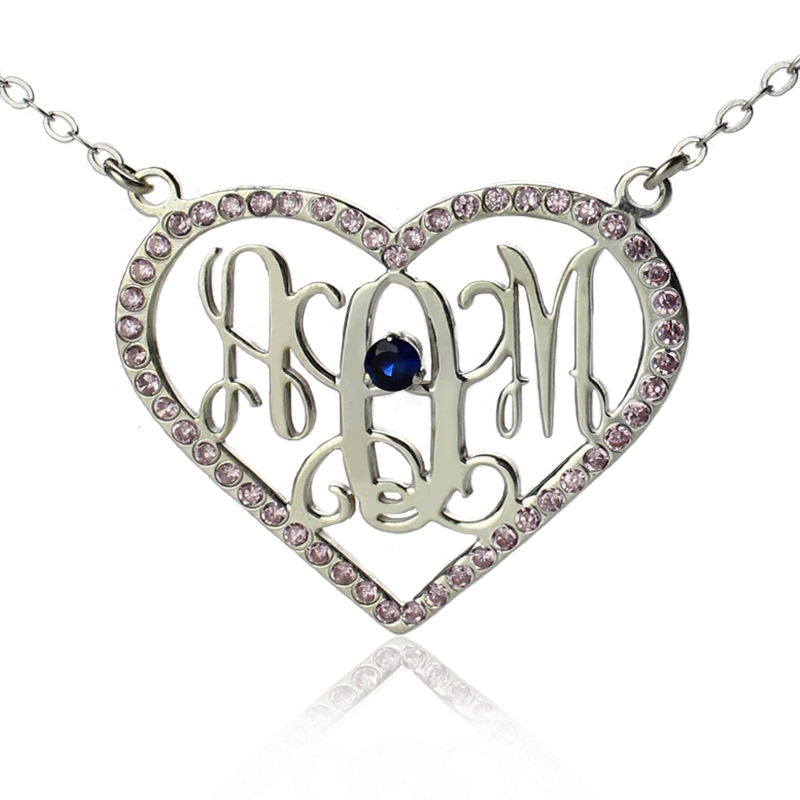 Custome Personelized Jewelry Sterling Silver Heart Initial Necklace with Birthstone and Name for Women 
