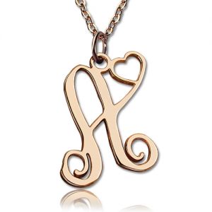 One Initial With Heart Monogram Necklace Solid Rose Gold