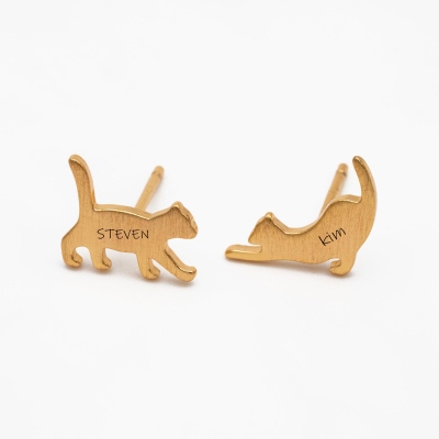 Personalized Cat Asymmetry Earrings with Double Names, Sterling Silver 925 Cute Cat Stud Earrings, Birthday/Christmas Gift for Her/Cat Lovers/Owners