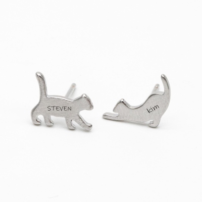 Personalized Cat Asymmetry Earrings with Double Names, Sterling Silver 925 Cute Cat Stud Earrings, Birthday/Christmas Gift for Her/Cat Lovers/Owners