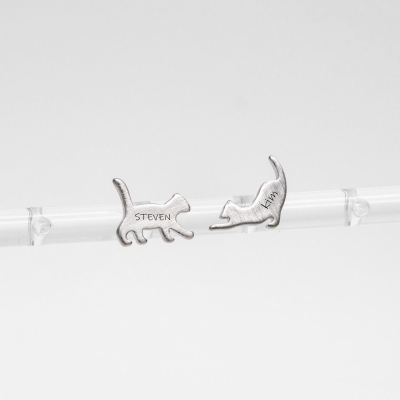 Personalized Cat Asymmetry Earrings with Double Names, Sterling Silver 925 Cute Cat Stud Earrings, Birthday/Christmas Gift for Her/Cat Lovers/Owners