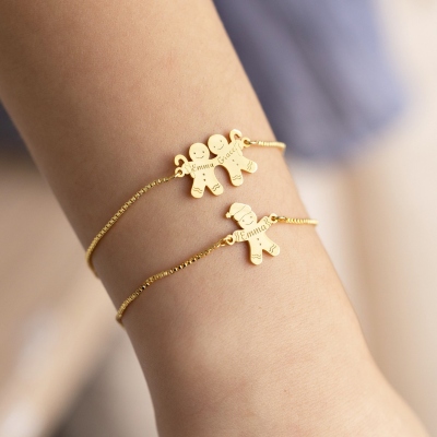 Personalized 1-3 Gingerbread Men Bracelet with Name, Sterling Silver 925 Family Bracelet, Adjustable Jewelry, Christmas Gift for Women/Kids/Friends
